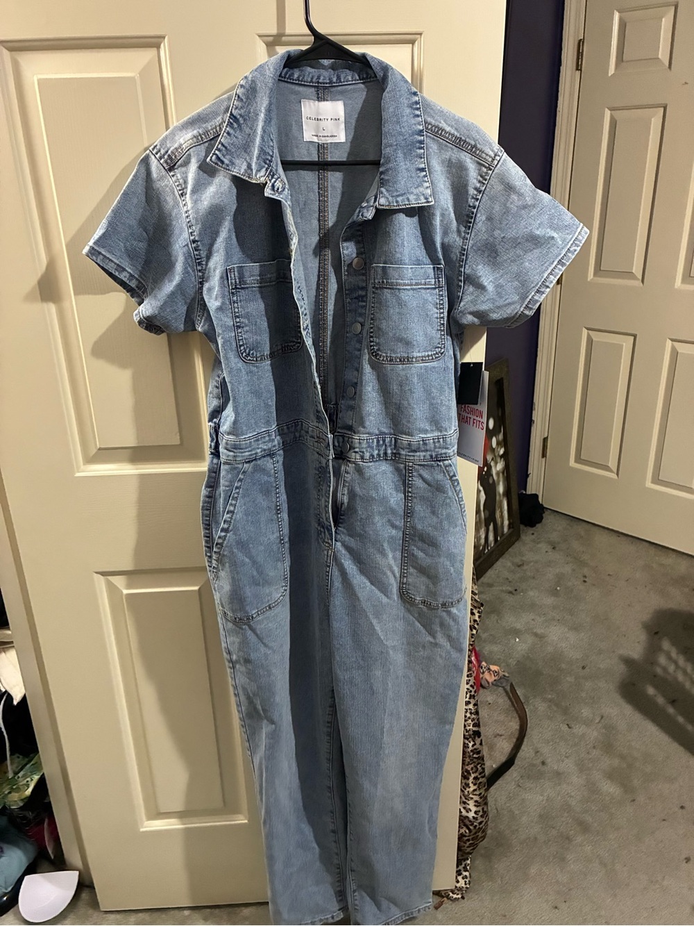 Celebrity Pink Light Blue Straight-Leg Denim Jumpsuit